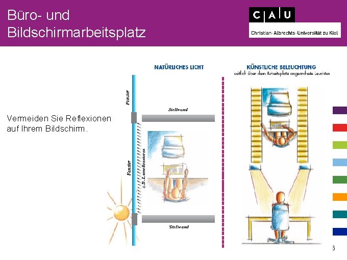 Büro- und Bildschirmarbeitsplatz Vermeiden Sie Reflexionen auf Ihrem Bildschirm. 16 