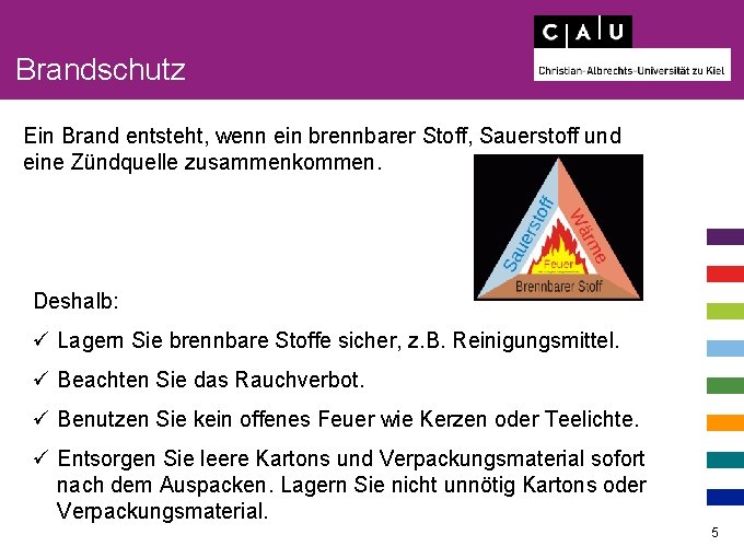 Brandschutz Ein Brand entsteht, wenn ein brennbarer Stoff, Sauerstoff und eine Zündquelle zusammenkommen. Deshalb: