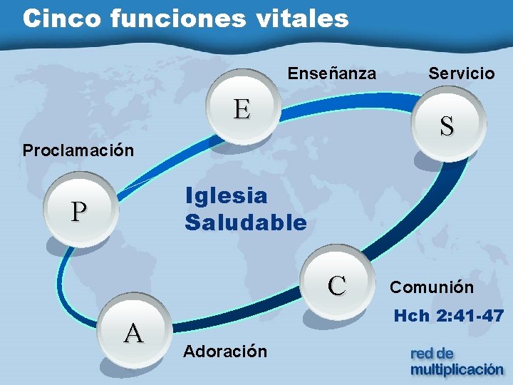 Cinco funciones vitales Enseñanza E Servicio S Proclamación Iglesia Saludable P C A Comunión