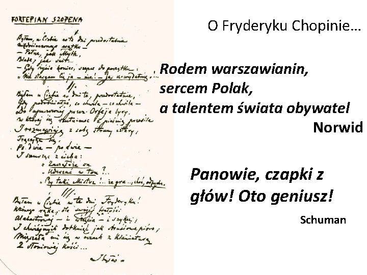 O Fryderyku Chopinie… Rodem warszawianin, sercem Polak, a talentem świata obywatel Norwid Panowie, czapki