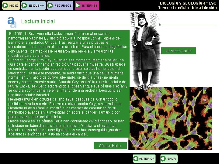 INICIO ESQUEMA RECURSOS BIOLOGÍA Y GEOLOGÍA 4. º ESO Tema 1: La célula. Unidad