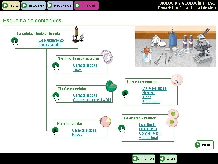 INICIO ESQUEMA RECURSOS BIOLOGÍA Y GEOLOGÍA 4. º ESO Tema 1: La célula. Unidad