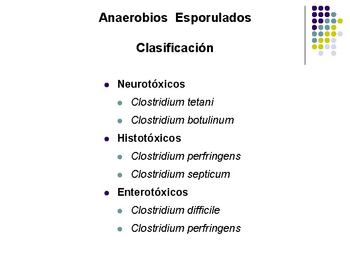 Anaerobios Esporulados Clasificación l l l Neurotóxicos l Clostridium tetani l Clostridium botulinum Histotóxicos
