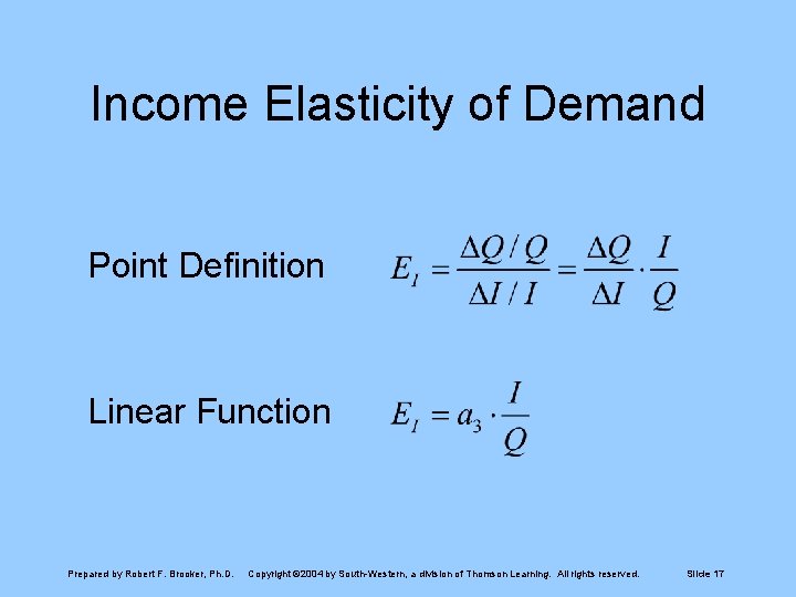 Income Elasticity of Demand Point Definition Linear Function Prepared by Robert F. Brooker, Ph.