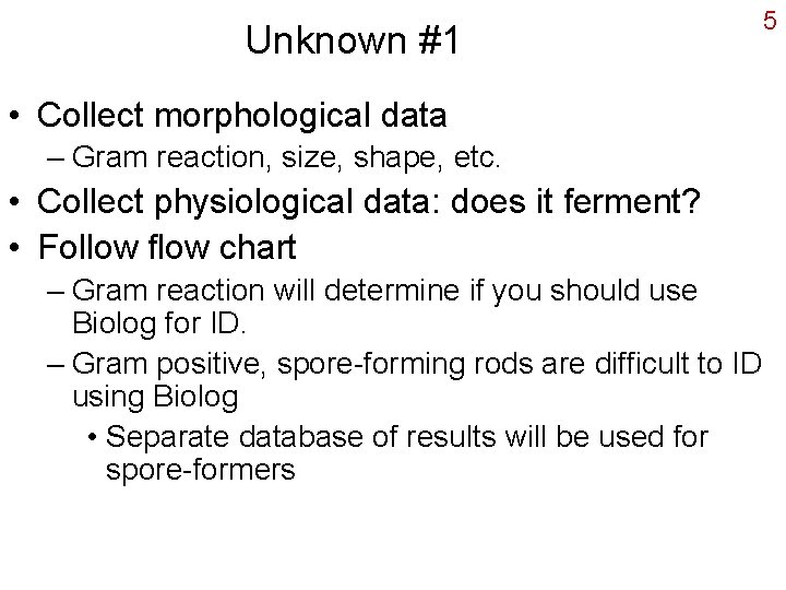 Unknown #1 • Collect morphological data – Gram reaction, size, shape, etc. • Collect