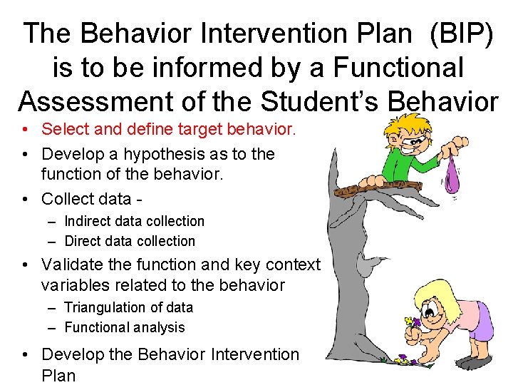 The Behavior Intervention Plan (BIP) is to be informed by a Functional Assessment of