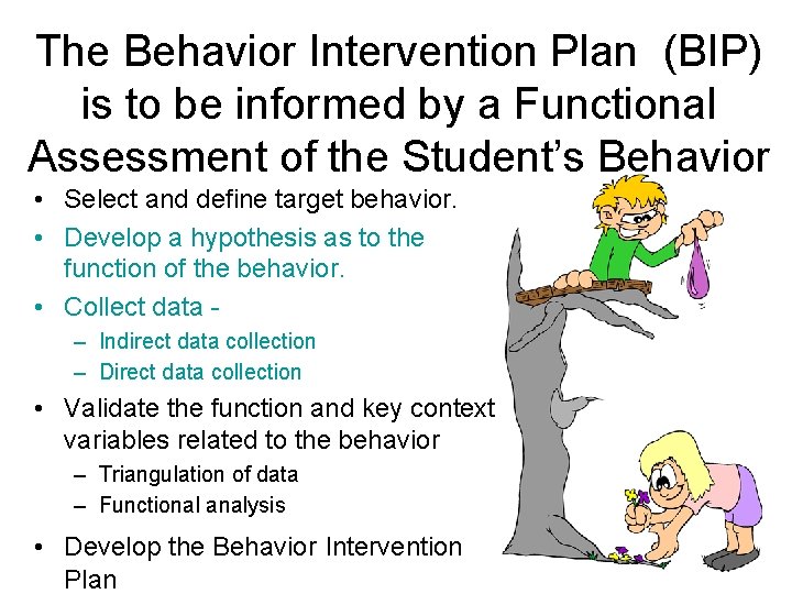 The Behavior Intervention Plan (BIP) is to be informed by a Functional Assessment of