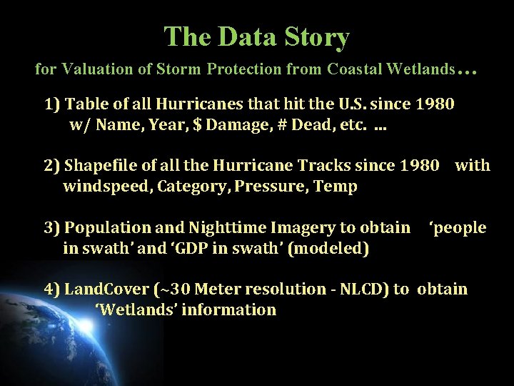 The Data Story for Valuation of Storm Protection from Coastal Wetlands… 1) Table of