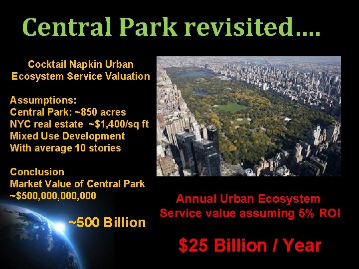 Central Park revisited…. Cocktail Napkin Urban Ecosystem Service Valuation Assumptions: Central Park: ~850 acres Central Park revisited…. Cocktail Napkin Urban Ecosystem Service Valuation Assumptions: Central Park: ~850 acres