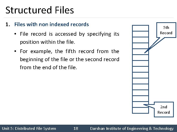 Structured Files 1. Files with non indexed records • File record is accessed by