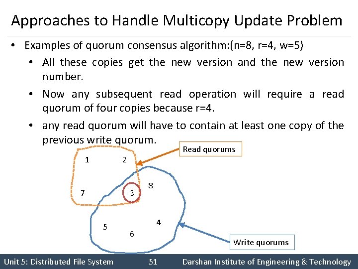 Approaches to Handle Multicopy Update Problem • Examples of quorum consensus algorithm: (n=8, r=4,