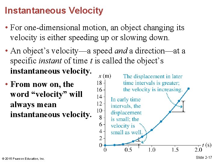 Instantaneous Velocity • For one-dimensional motion, an object changing its velocity is either speeding