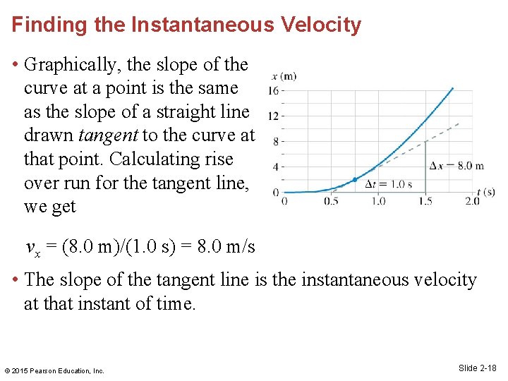 Finding the Instantaneous Velocity • Graphically, the slope of the curve at a point