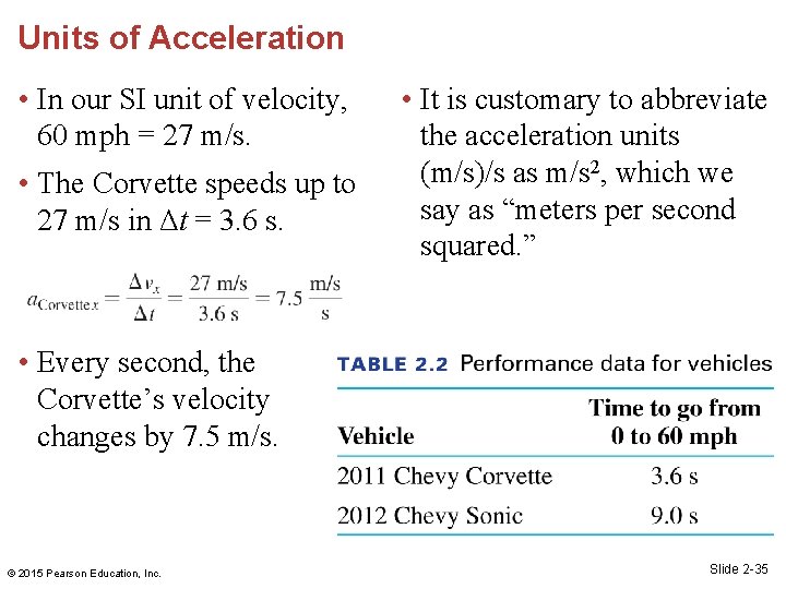 Units of Acceleration • In our SI unit of velocity, 60 mph = 27