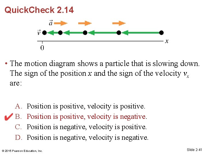 Quick. Check 2. 14 • The motion diagram shows a particle that is slowing