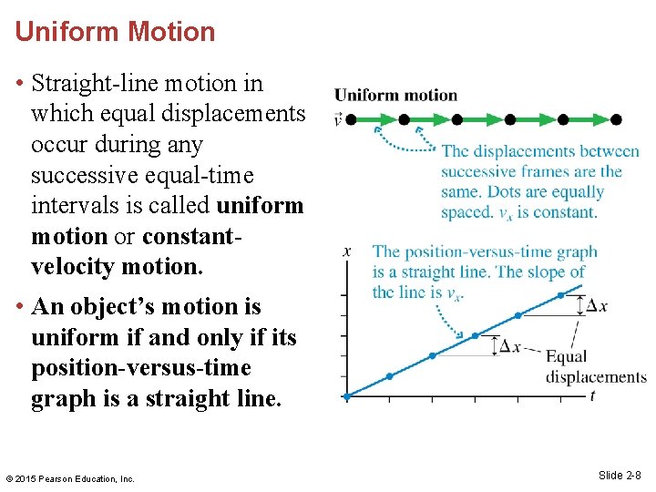 Uniform Motion • Straight-line motion in which equal displacements occur during any successive equal-time