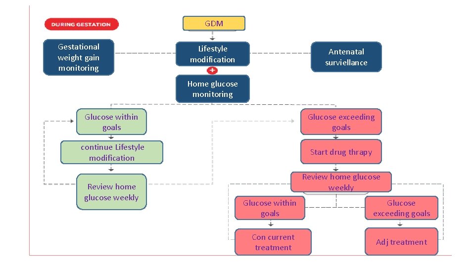 GDM Gestational weight gain monitoring Lifestyle modification Antenatal surviellance Home glucose monitoring Glucose within