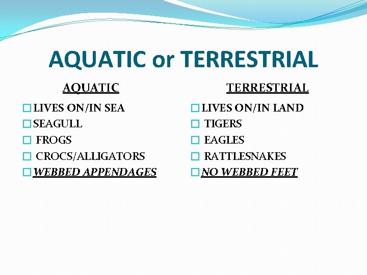 AQUATIC or TERRESTRIAL AQUATIC �LIVES ON/IN SEA �SEAGULL � FROGS � CROCS/ALLIGATORS �WEBBED APPENDAGES