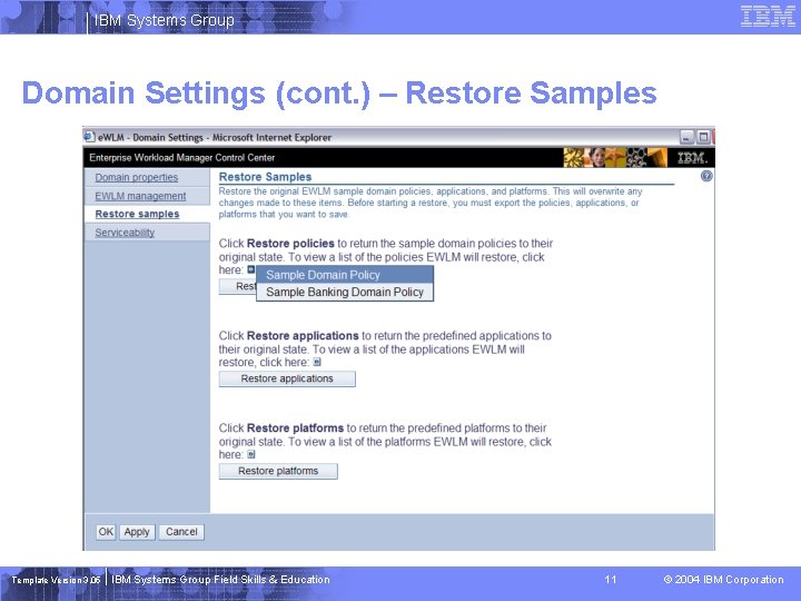 IBM Systems Group Domain Settings (cont. ) – Restore Samples Template Version 3. 05