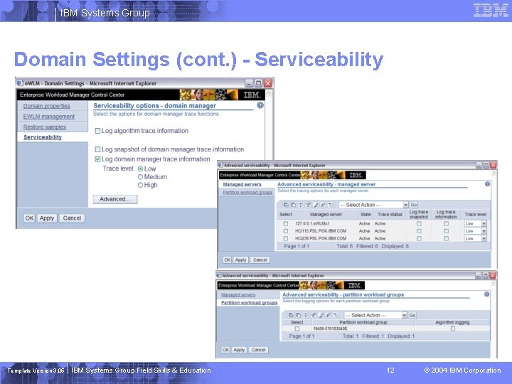 IBM Systems Group Domain Settings (cont. ) - Serviceability Template Version 3. 05 IBM