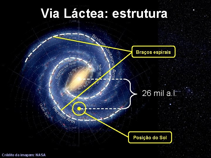 Via Láctea: estrutura Braços espirais 26 mil a. l. Posição do Sol Crédito da
