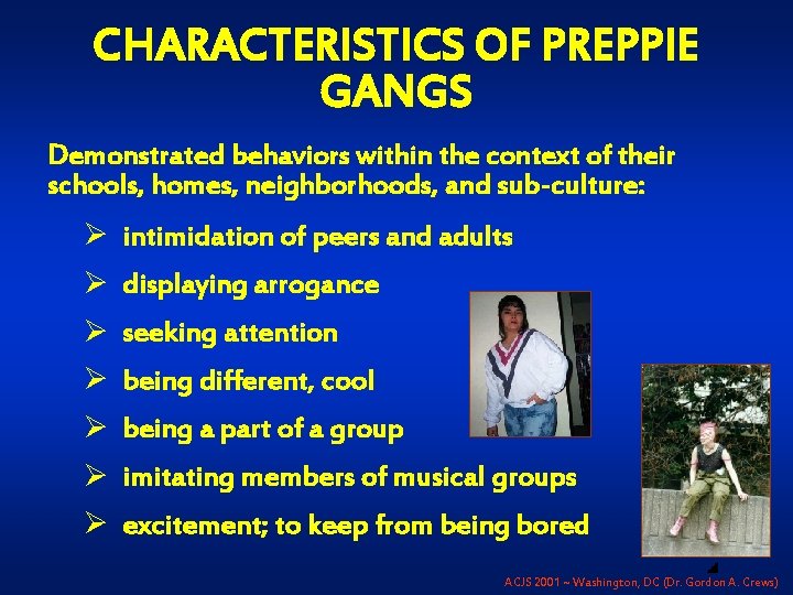 CHARACTERISTICS OF PREPPIE GANGS Demonstrated behaviors within the context of their schools, homes, neighborhoods,