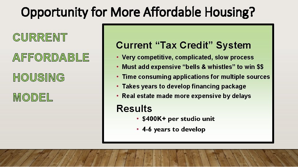 Opportunity for More Affordable Housing? CURRENT Current “Tax Credit” System AFFORDABLE • Very competitive,