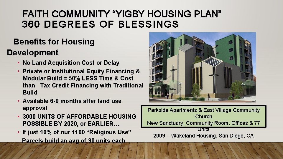 FAITH COMMUNITY “YIGBY HOUSING PLAN” 360 DEGREES OF BLESSINGS Benefits for Housing Development •