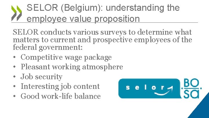 SELOR (Belgium): understanding the employee value proposition SELOR conducts various surveys to determine what