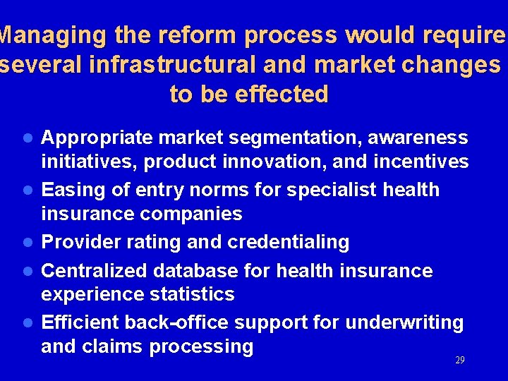 Managing the reform process would require several infrastructural and market changes to be effected