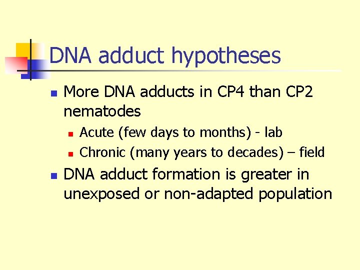 DNA adduct hypotheses n More DNA adducts in CP 4 than CP 2 nematodes