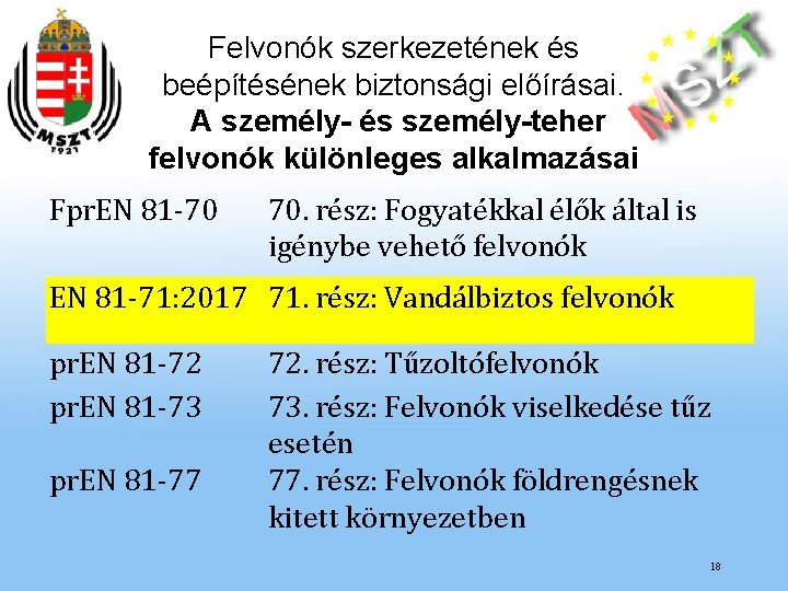 Felvonók szerkezetének és beépítésének biztonsági előírásai. A személy- és személy-teher felvonók különleges alkalmazásai Fpr.