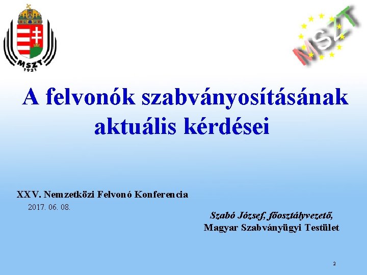 A felvonók szabványosításának aktuális kérdései XXV. Nemzetközi Felvonó Konferencia 2017. 06. 08. Szabó József,