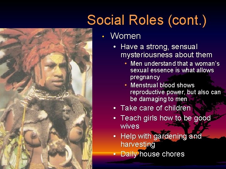 Social Roles (cont. ) • Women • Have a strong, sensual mysteriousness about them