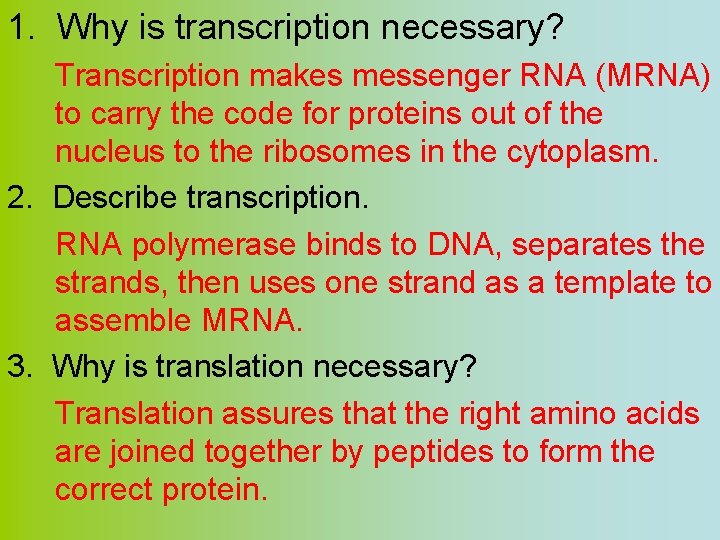1. Why is transcription necessary? Transcription makes messenger RNA (MRNA) to carry the code