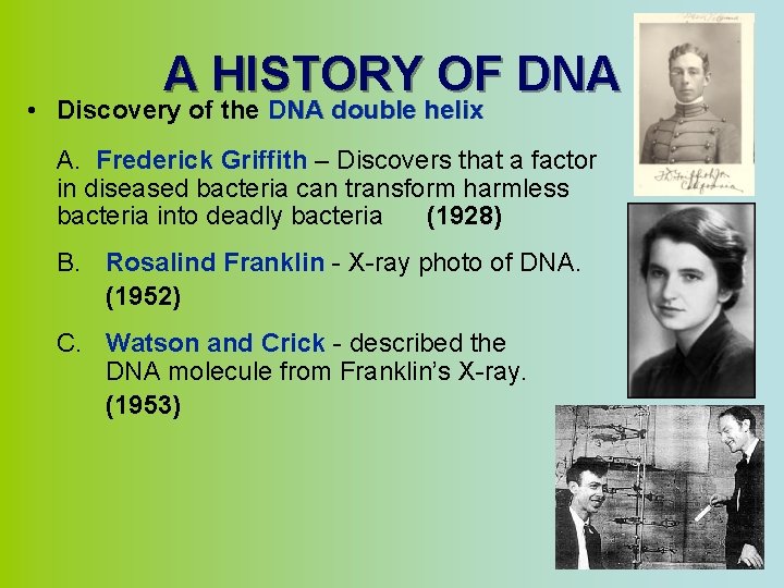 A HISTORY OF DNA • Discovery of the DNA double helix A. Frederick Griffith