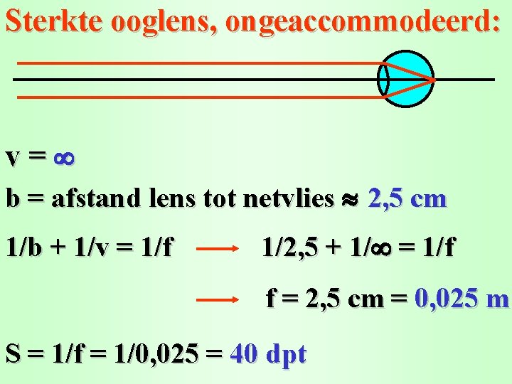 Sterkte ooglens, ongeaccommodeerd: v= b = afstand lens tot netvlies 2, 5 cm 1/b