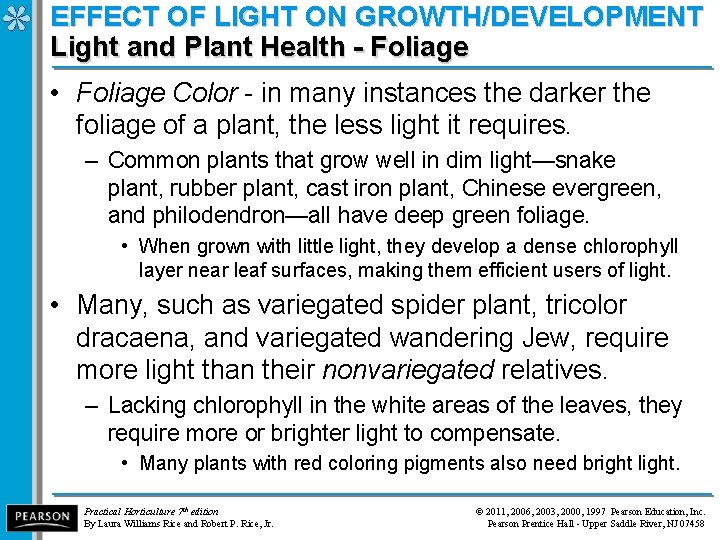EFFECT OF LIGHT ON GROWTH/DEVELOPMENT Light and Plant Health - Foliage • Foliage Color