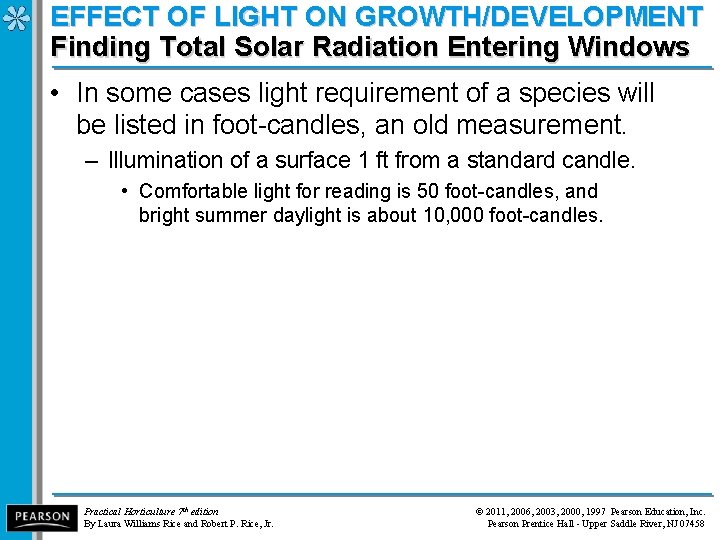 EFFECT OF LIGHT ON GROWTH/DEVELOPMENT Finding Total Solar Radiation Entering Windows • In some