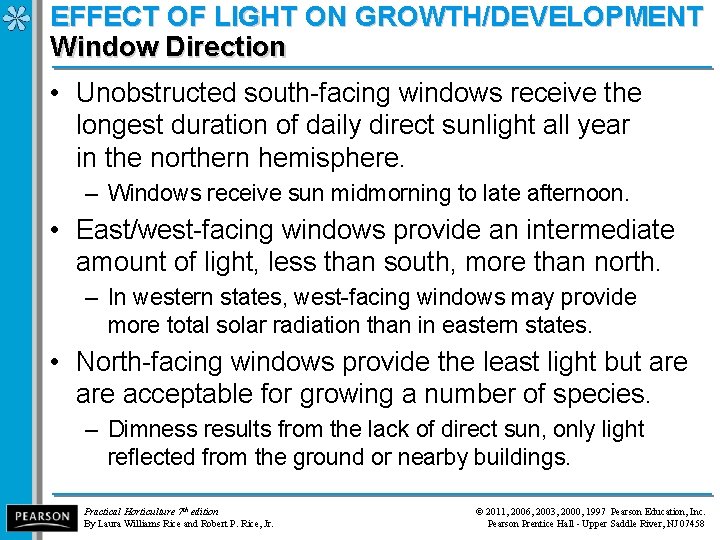 EFFECT OF LIGHT ON GROWTH/DEVELOPMENT Window Direction • Unobstructed south-facing windows receive the longest