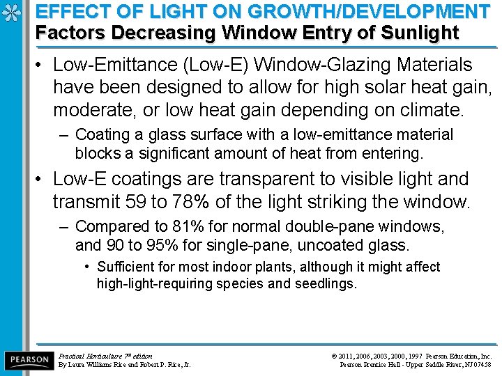 EFFECT OF LIGHT ON GROWTH/DEVELOPMENT Factors Decreasing Window Entry of Sunlight • Low-Emittance (Low-E)