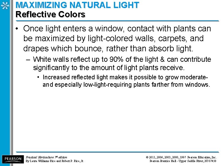 MAXIMIZING NATURAL LIGHT Reflective Colors • Once light enters a window, contact with plants