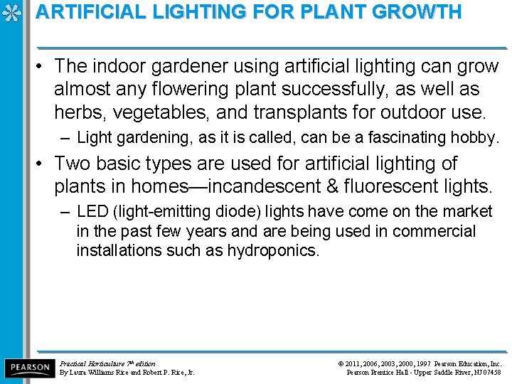 ARTIFICIAL LIGHTING FOR PLANT GROWTH • The indoor gardener using artificial lighting can grow