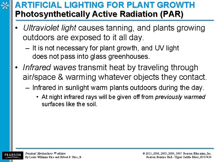 ARTIFICIAL LIGHTING FOR PLANT GROWTH Photosynthetically Active Radiation (PAR) • Ultraviolet light causes tanning,