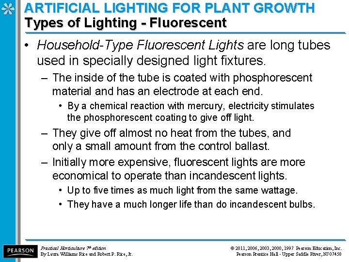 ARTIFICIAL LIGHTING FOR PLANT GROWTH Types of Lighting - Fluorescent • Household-Type Fluorescent Lights