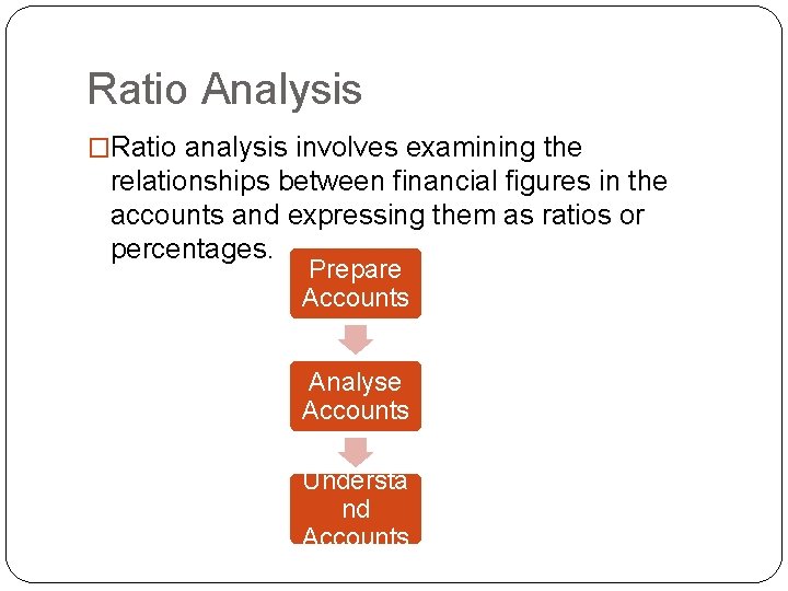 Ratio Analysis �Ratio analysis involves examining the relationships between financial figures in the accounts