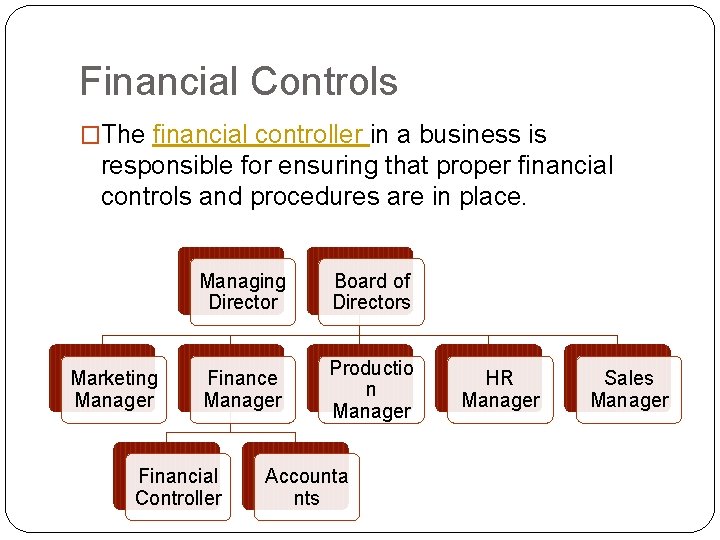 Financial Controls �The financial controller in a business is responsible for ensuring that proper