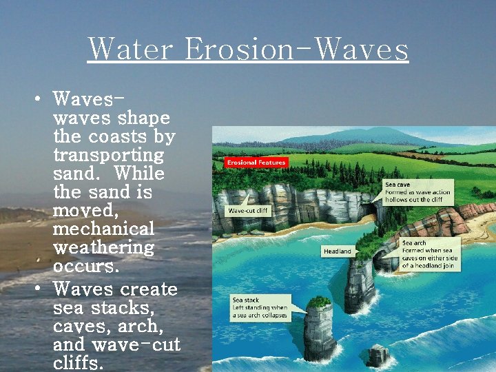 Water Erosion-Waves • Waveswaves shape the coasts by transporting sand. While the sand is