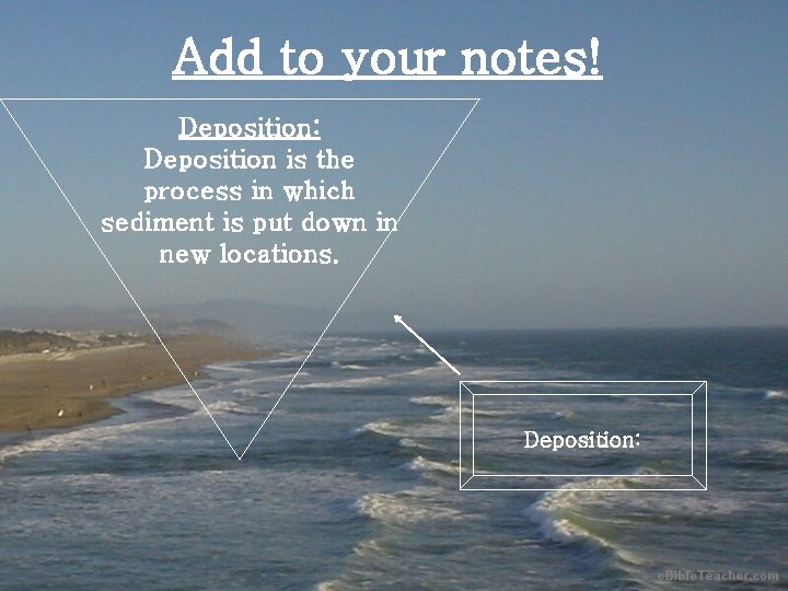 Add to your notes! Deposition: Deposition is the process in which sediment is put