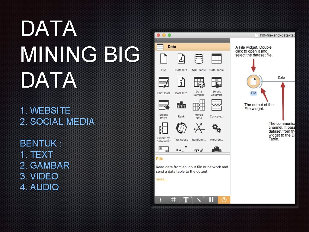 DATA MINING BIG DATA 1. WEBSITE 2. SOCIAL MEDIA BENTUK : 1. TEXT 2. DATA MINING BIG DATA 1. WEBSITE 2. SOCIAL MEDIA BENTUK : 1. TEXT 2.